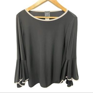 COCO BIANCO BLACK SCOOP WHITE TRIM NECKLINE WITH BELL WHITE TRIM SLEEVES SIZE SM